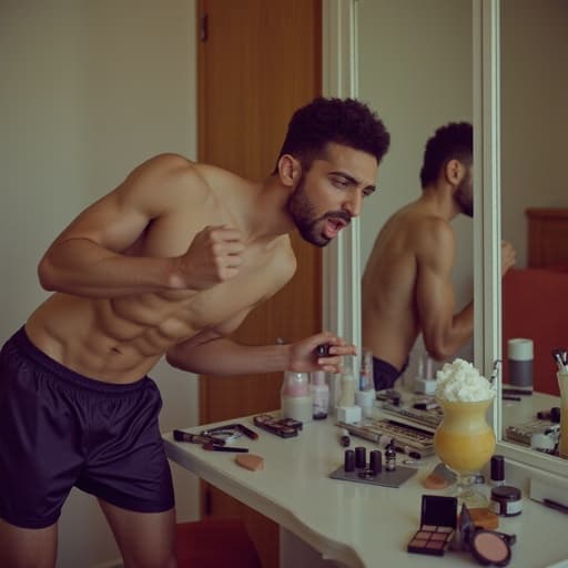 20대 후반의 중동계 남성이 편안한 운동복을 입고 화장대 쪽으로 달려가며 화장품을 손에 쥐고 분노한 표정을 지은 동적인 반신 샷. 배경은 여러 가지 화장품이 흩어져 있는 어수선한 침실 화장대가 있어 혼란스럽고 매력적인 분위기를 만들어냅니다.