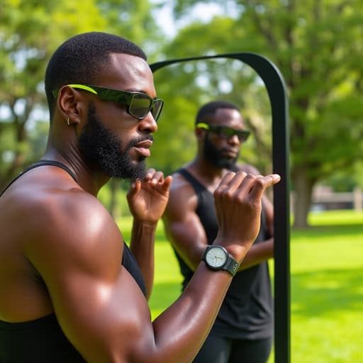 50대 초반의 자신감 넘치는 흑인 남성이 캐주얼한 운동복과 헬스 액세서리를 착용하고 있는 모습이 반신 촬영으로 담겨 있습니다. 그는 거울 앞에서 자신의 외모를 가꾸며 활기차고 자신감 넘치는 에너지를 발산하고 있습니다. 푸른 나무와 잔디로 둘러싸인 평화로운 공원 배경이 이미지의 차분한 분위기를 더합니다.