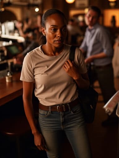 50대 초반의 흑인 여성의 반신 사진으로, 캐주얼한 블라우스와 청바지를 입고 어깨에 가방을 메고 있으며, 약간 앞으로 숙인 자세로 불안한 표정을 짓고 있는 모습이 아늑하게 조명된 바의 배경 속에서 담겨 있습니다.