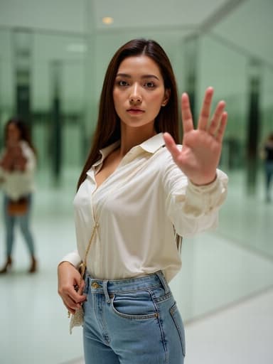 이미지는 미러룸에서 촬영된 20대 중반의 라틴계 여성이 트렌디한 블라우스와 스키니 진을 입고 스타일리시한 가방을 들고 있는 모습입니다. 그녀는 지루한 표정을 짓고 있으며, 현대적이고 친근한 분위기를 연출합니다.