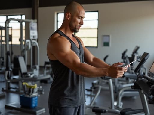 건강한 20대 후반의 라틴계 남성이 편안한 운동복과 운동화를 입고 반신 샷으로 촬영되었습니다. 그는 운동을 하면서 태블릿을 들고 화면을 확인하며 집중하고 걱정스러운 표정을 짓고 있습니다. 배경에는 다양한 운동 기구가 배치된 커뮤니티 센터의 운동 공간이 있어 에너제틱하고 동기 부여가 되는 분위기를 자아냅니다.