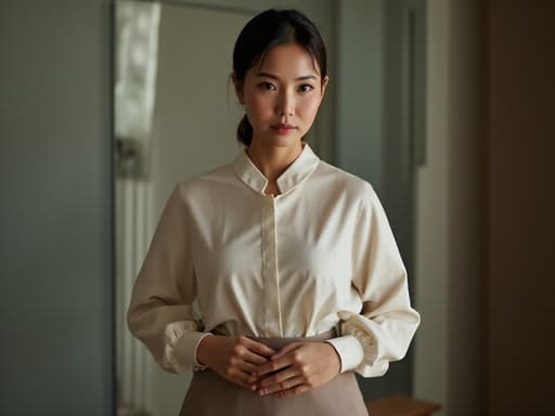 이 이미지는 40대 초반의 동양인 여성이 반신으로 촬영되어 손을 가슴에 대고 자신감 있는 자세로 서 있는 모습을 담고 있습니다. 현대적인 블라우스와 스커트를 착용하고 있으며, 평온한 표정이 안정감을 더합니다. 미러룸의 배경은 그녀의 이미지를 아름답게 반사시켜 세련되고 스타일리시한 환경을 만들어냅니다.