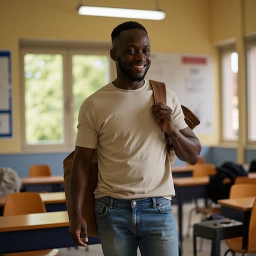 40대 초반의 아프리카계 남성이 자연스러운 외모로 편안한 캐주얼 티셔츠와 청바지를 입고 미소를 짓고 있으며, 한쪽 어깨에 가방을 메고 이동하는 모습의 반신 사진. 아늑한 교실 배경에 책상과 교육 자료가 있어 친근한 분위기를 자아냅니다.