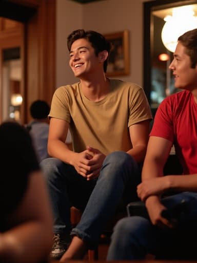 10대 후반의 동양인 남성이 캐주얼한 복장을 하고 아늑한 바에서 운전대를 잡고 친구와 즐거운 대화를 나누며 행복한 표정을 짓고 있는 반신 샷.