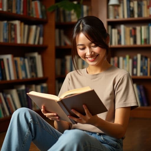 편안한 티셔츠와 청바지를 착용한 20대 중반 아시아계 여성이 아늑한 공부방 바닥에 앉아 책을 손에 들고 행복한 표정을 지으며 읽고 있는 모습, 책장과 따뜻한 조명이 있는 공간.