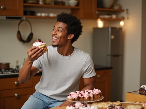 이 이미지는 20대 초반의 흑인 남성이 편안한 티셔츠와 청바지를 입고, 아늑한 주방에서 다양한 디저트를 들고 한 입 베어 물 준비를 하는 순간을 포착하고 있으며, 따뜻하고 초대하는 분위기를 자아냅니다.