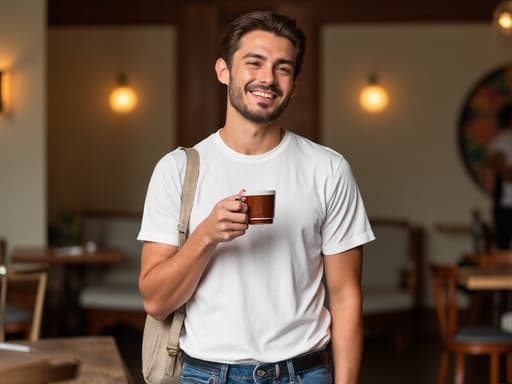 20대 초반의 백인 남성이 아늑한 카페에서 커피를 즐기며 미소를 짓고 있습니다. 캐주얼한 티셔츠와 청바지를 입고 있으며, 한 손에는 커피 컵을, 다른 손에는 크로스백을 메고 있습니다. 카페 벽에는 다양한 아트워크가 걸려 있어 따뜻하고 초대하는 분위기를 더합니다.