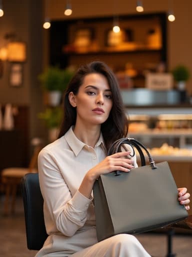 20대 중반의 중동계 여성이 아늑한 카페 테이블에 앉아 세련된 블라우스와 슬랙스를 입고 있습니다. 그녀는 패셔너블한 가방을 들고 쇼핑백에 담긴 물건들을 바라보며 자신감 넘치는 표정을 짓고 있습니다. 따뜻한 카페 분위기 속에서 다양한 음료와 디저트가 진열되어 있습니다.