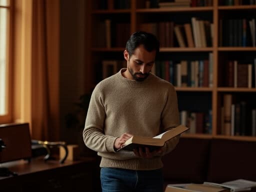 40대 초반의 혼혈 남성이 편안한 니트 스웨터와 청바지를 입고 반신샷으로 포착되었습니다. 그는 책을 손에 들고 페이지를 넘기며 깊은 생각에 잠긴 표정을 짓고 있으며, 아늑한 스터디룸의 책장과 부드러운 조명이 어우러진 따뜻한 분위기 속에 있습니다.