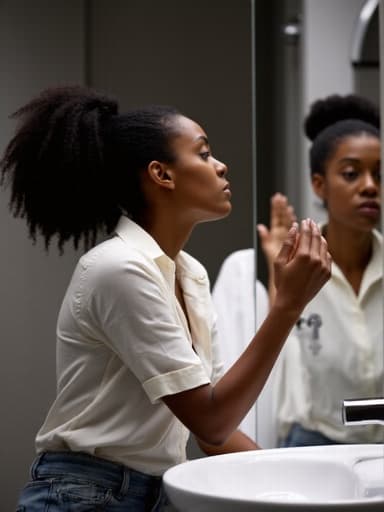 20대 중반 아프리카계 여성 한 명이 캐주얼한 블라우스와 청바지를 입고 현대적인 화장실에서 거울을 바라보며 화난 표정을 짓고 있습니다. 그녀는 한 손으로 얼굴에 가까이 다가가 화장하고 있는 모습으로, 공감할 수 있는 순간을 포착합니다. 현대적인 화장실 배경이 이미지의 전체적인 매력을 더합니다.