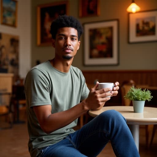 20대 중반의 흑인 남성이 편안한 티셔츠와 청바지를 입고 아늑한 카페에서 크로스 레그로 앉아 커피를 한 손으로 들고 차분한 표정을 짓고 있습니다. 카페 내부에는 예쁜 그림이 걸려 있고, 테이블 위에는 작은 화분이 놓여 있어 따뜻하고 아늑한 분위기를 만들어냅니다.