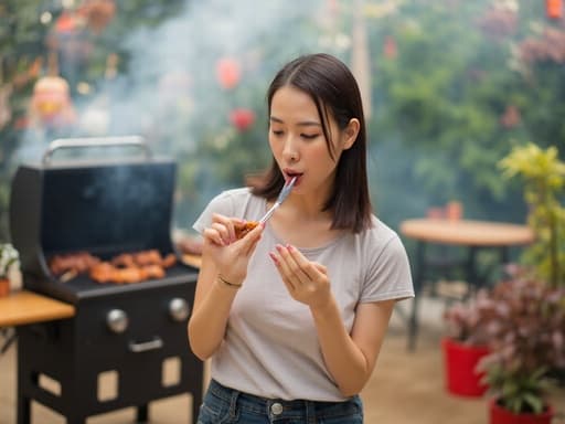 10대 후반의 동양인 여성이 자연스러운 외모로 반신 촬영된 모습입니다. 편안한 티셔츠와 청바지를 착용하고 있으며, 한 손에 바베큐 음식을 들고 찡그린 표정을 지으며 한 입 먹으려는 자세입니다. 배경에는 그릴에서 연기가 피어오르는 활기찬 바베큐장이 있어, 야외 식사의 즐거움을 강조하는 캐주얼하고 기분 좋은 분위기를 연출하고 있습니다.