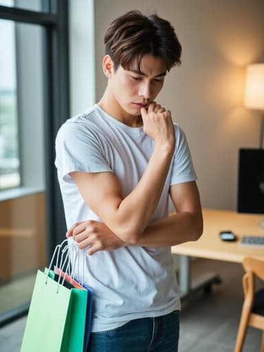 현대적인 사무실 환경에서 10대 후반의 한국인 남성이 캐주얼한 티셔츠와 청바지를 입고 서 있습니다. 한 손에는 쇼핑백을 들고 다른 손은 턱에 괴고 불만스러운 표정을 지으며 고민하는 모습입니다. 현대적인 사무실 배경이 그의 쇼핑 경험에 대한 고민과 불만의 분위기를 강조합니다.