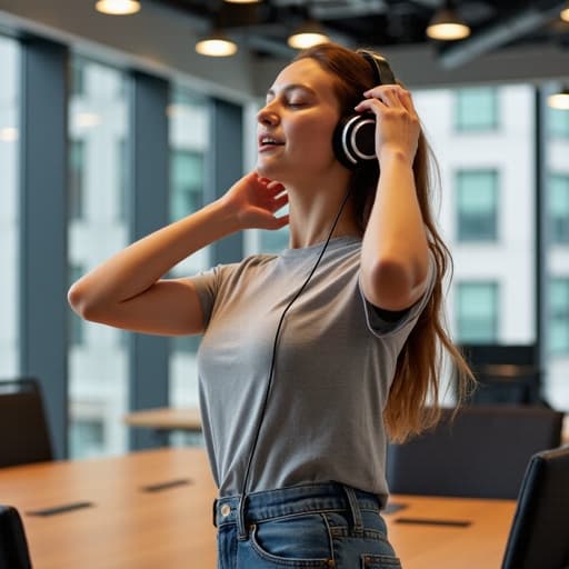 20대 초반의 유럽계 여성의 반신 촬영이 이루어졌으며, 편안한 티셔츠와 청바지를 입고 헤드폰을 착용하고 있습니다. 그녀는 음악에 몰입하며 헤드폰을 조정하는 모습이 열정적인 표정으로 표현되어 있습니다. 배경은 큰 창문을 통해 자연광이 들어오는 현대적인 디자인의 회의실로, 밝고 환영하는 분위기를 연출하고 있습니다.