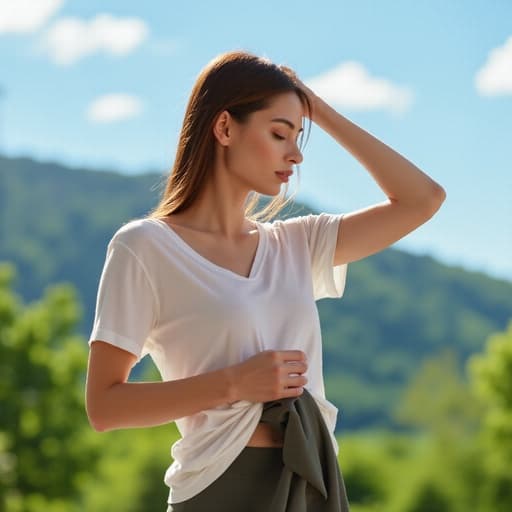 20대 후반의 백인 여성이 편안한 요가복을 입고, 푸른 산과 맑은 하늘이 어우러진 자연 속에서 요가 연습을 준비하고 있습니다. 그녀는 차분하고 평화로운 표정을 지으며 티셔츠를 입고 바지를 고르고 있습니다.