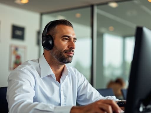 50대 초반의 라틴계 남성이 현대적인 회의 테이블에 앉아 깔끔한 흰색 셔츠와 어두운 바지를 입고 있습니다. 그는 여유로운 표정을 지으며 전화 통화를 하면서 컴퓨터 화면을 바라보고 있습니다. 회의실은 세련된 디자인으로 화이트보드와 포스터가 있어 전문적이면서도 아늑한 분위기를 자아냅니다.