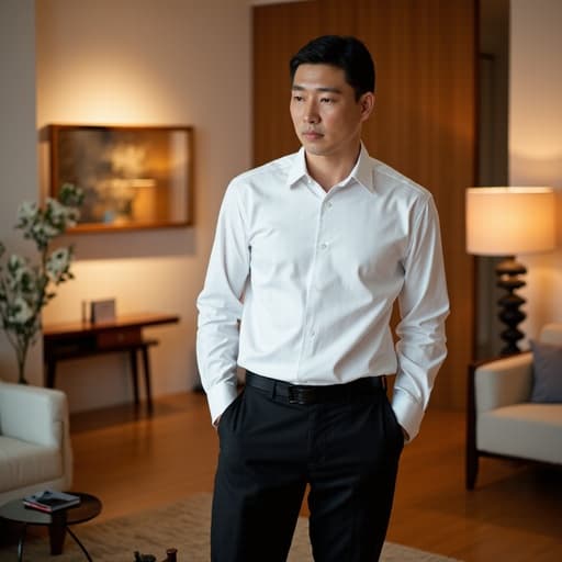 30대 후반의 한국인 남성이 흰색 셔츠와 검정색 정장 바지를 입고, 결혼식 준비로 장식된 아늑한 거실에서 주머니에 손을 넣고 약간 기대며 지루한 표정을 짓고 있는 반신 사진입니다.