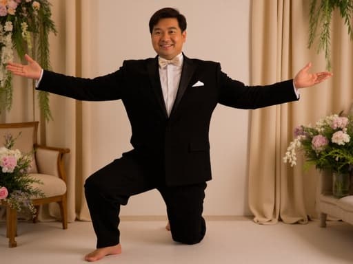 30대 후반의 동양인 남성이 세련된 정장을 입고 행복한 표정을 지으며 균형을 잡기 위해 요가 자세를 취하고 있는 반신 사진. 그의 뒤편에는 결혼식 장식이 있는 아늑한 거실이 있어 따뜻하고 초대하는 분위기를 만들어냅니다.