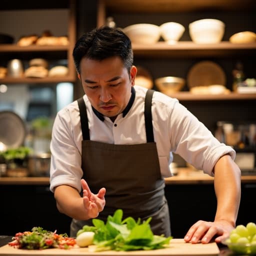 40대 중반의 동양인 남성 요리사가 주방 앞치마를 착용하고 분주한 식당 주방에서 식탁 위의 재료를 다루며 긴장한 표정을 짓고 있습니다. 그는 요리를 하며 불만을 토로하는 듯한 감정을 표현하며, 활기찬 음식 준비의 분위기 속에서 요리를 하고 있습니다.