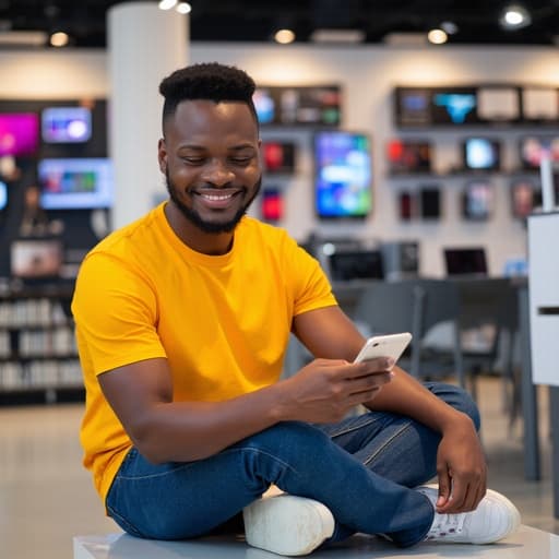 30대 초반의 흑인 남성이 캐주얼한 복장을 하고 전자매장에서 무릎을 꿇고 앉아 밝게 웃으며 스마트폰으로 소셜미디어를 사용하고 있는 모습. 다양한 전자기기들이 진열된 매장 배경이 생동감 넘치고 현대적인 분위기를 자아냅니다.