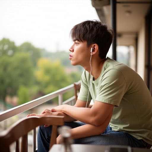 햇살이 비치는 베란다의 카페 테이블에 앉아 있는 10대 후반 아시아계 남성의 반신 이미지. 그는 자연스러운 외모를 가지고 있으며 캐주얼한 티셔츠와 청바지를 착용하고 있습니다. 이어폰을 낀 채로 음악에 깊이 빠져 놀란 표정을 짓고 있습니다. 배경은 편안한 분위기를 연출하며, 햇빛이 비추고 주변 경관을 바라볼 수 있는 모습이 어우러져 있습니다.