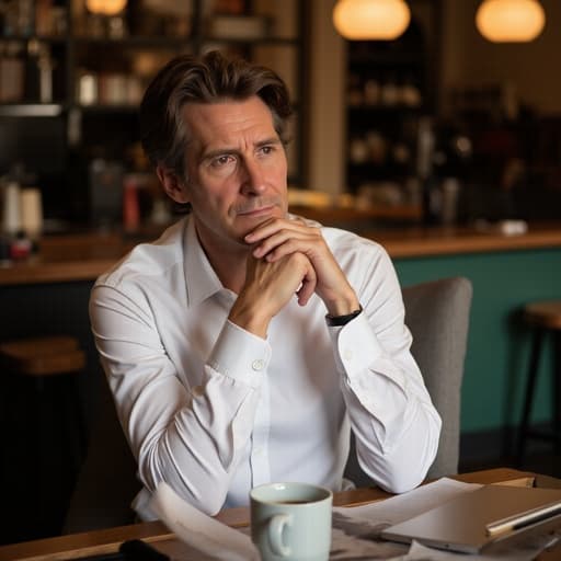 40대 중반의 유럽계 남성이 아늑한 카페에서 반신 사진으로 포착되었습니다. 그는 흰색 셔츠와 어두운 색의 정장 바지를 입고 있으며, 고민에 잠긴 표정으로 손으로 턱을 괴고 있습니다. 테이블 앞에는 커피잔과 열린 노트북이 놓여 있어 비즈니스 회의의 분위기를 더하고 있습니다. 카페의 따뜻한 분위기가 장면을 더욱 매력적으로 만들어줍니다.
