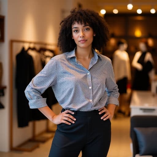 20대 후반의 혼혈 여성의 반신 샷. 그녀는 트렌디한 체크 패턴의 블라우스와 슬림 팬츠를 착용하고 있으며, 손을 허리에 댄 자세로 세련된 패션 매장에서 서 있습니다. 배경에는 다양한 의류와 액세서리가 진열되어 있어 고급스러운 패션 분위기를 강조합니다.