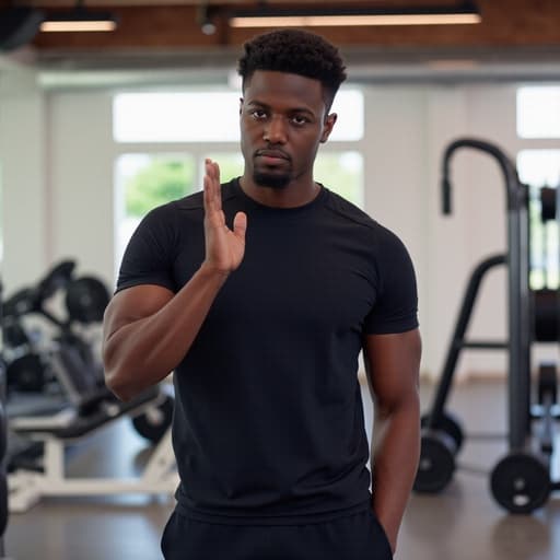 20대 초반의 흑인 남성이 반신 촬영으로 포착되어 있으며, 캐주얼한 운동복을 입고 있습니다. 한 손을 들어 인사하며 다른 손은 허리에 두고 긴장한 표정을 지어 불안감을 나타내고 있습니다. 넓은 실내 운동장 배경에는 다양한 운동 기구가 배치되어 있어 운동 테마를 강조하고 있습니다.