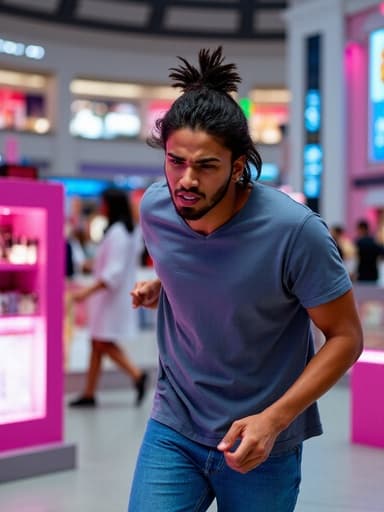 20대 초반의 흑인 남성이 캐주얼한 티셔츠와 청바지를 입고, 화장품 매대를 향해 달려가며 짜증난 표정을 짓고 있습니다. 화려한 조명이 비치는 쇼핑몰 내부에서 다양한 화장품 매대가 배경으로 보이며, 그의 자세는 분주한 쇼핑 환경 속에서 적절한 제품을 찾으려는 긴박함을 강조합니다.