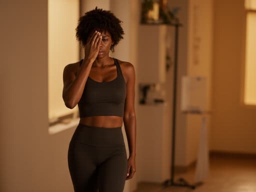 20대 중반의 흑인 여성이 필라테스 복장을 입고, 따뜻하게 조명이 비춘 요가 스튜디오에서 걷고 있으며 슬픈 표정으로 눈물을 닦고 있는 모습의 반신 사진, 감정의 취약함을 포착한 순간.