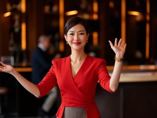 40대 초반 아시아계 여성이 세련된 블라우스와 스커트를 입고 고급스러운 액세서리를 매치하며, 자신감 넘치는 모습으로 바에서 다른 사람에게 미소를 지으며 손을 가볍게 흔드는 반신 이미지입니다.