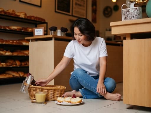 아늑한 베이커리 바닥에 앉아 있는 50대 초반의 아시아계 여성의 반신 사진. 편안한 티셔츠와 청바지를 착용하고 있으며, 소풍 바구니에서 음식을 꺼내며 여유로운 표정을 짓고 있습니다. 주변에는 다양한 빵과 디저트가 진열되어 있습니다.