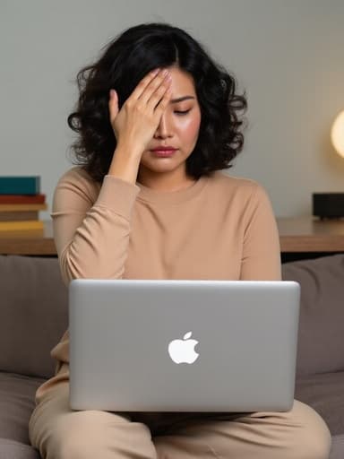 중년의 동양인 여성이 자연스러운 외모로 소파에 앉아 있는 반신 촬영입니다. 그녀는 부드러운 색상의 스웨터와 편안한 캐주얼 바지를 입고 있습니다. 슬픈 표정을 짓고 눈물이 그녀의 뺨을 타고 흐르며 감정적으로 힘든 상황에 처해 있습니다. 한 손으로는 근처의 책상에 놓여있는 노트북에 이메일을 작성하고, 다른 손으로는 자신의 얼굴을 감싸며 취약함을 표현하고 있습니다. 배경에는 책과 노트북이 있는 책상이 있어 그녀의 감정 상태와 잘 어울리는 아늑한 분위기를 자아냅니다.