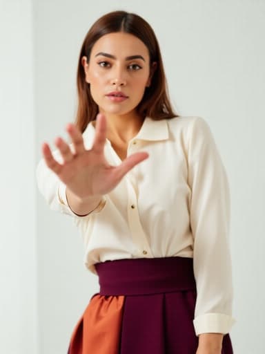 30대 초반의 중동계 여성이 세련된 블라우스와 고급스러운 스커트를 입고 반신 촬영을 하고 있습니다. 그녀는 손을 앞으로 뻗어 아름다운 옷의 세부사항을 자랑하며 고급스러운 표정을 짓고 있습니다. 배경은 깔끔하고 현대적인 스튜디오 환경으로, 이미지의 세련된 분위기를 더하고 있습니다.