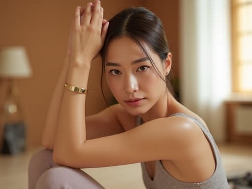 20대 초반 아시아계 여성이 편안한 요가 복을 입고 있는 모습으로, 반신 촬영된 이미지입니다. 그녀는 약간 피곤한 표정을 짓고 있지만 우아하게 스트레칭을 하고 있으며, 아늑한 요가 스튜디오의 배경이 차분하고 초대하는 분위기를 만들어 냅니다.