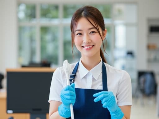 20대 초반의 아시아계 여성의 반신 샷으로, 깔끔한 작업복과 장갑을 착용하고 있습니다. 청소 도구를 손에 쥐고 밝게 웃으며 청소하는 자세를 취하고 있으며, 정돈된 사무실 환경을 배경으로 하여 전문성과 긍정적인 분위기를 전달하고 있습니다.