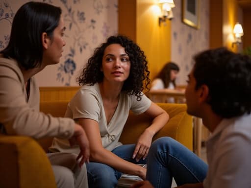 20대 후반의 혼혈 여성이 캐주얼한 블라우스와 청바지를 입고 아늑한 레스토랑의 소파에 앉아 가족과 담소를 나누며 열정적이고 행복한 표정을 짓고 있는 모습, 따뜻하고 초대하는 분위기 속에 있습니다.