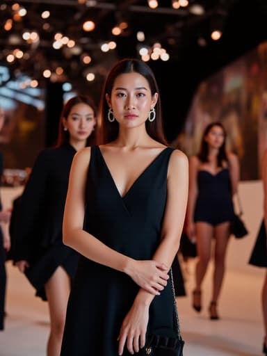 20대 후반 한국인 여성이 세련된 블랙 드레스와 하이힐을 착용하고 한쪽 어깨에 가방을 메고 팔짱을 낀 자세로 자신감 있게 서 있습니다. 분노한 표정이 강한 감정을 전달하며, 화려한 조명 아래 다른 모델들이 걷고 있는 패션쇼 무대가 배경을 이루어 역동적이고 패셔너블한 분위기를 만들어냅니다.