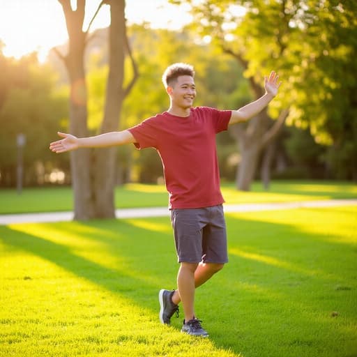20대 초반의 아시아계 남성이 캐주얼한 생일 파티 의상을 입고 자신감 넘치는 미소로 스트레칭을 하고 있으며, 따뜻한 햇살과 푸른 잔디, 나무가 있는 즐거운 야외 배경 속에 있습니다.