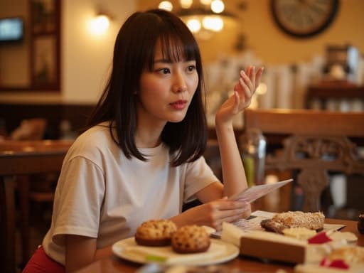 20대 중반의 동양인 여성이 캐주얼한 티셔츠와 청바지를 입고, 아늑한 카페에서 다양한 디저트를 바라보며 놀란 표정을 짓고 있는 반신 촬영입니다. 한 손에는 책을 들고, 다른 손으로 디저트를 가리키며 기쁜 놀라움을 표현하고 있습니다. 매력적인 카페 분위기 속에서 즐거운 순간을 포착한 이미지입니다.