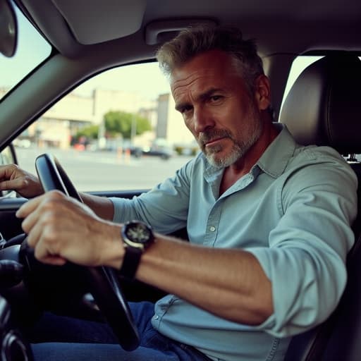 이미지에는 50대 초반의 유럽계 남성이 캐주얼한 셔츠와 청바지를 입고, 불안한 표정을 지으며 운전하는 모습이 담겨 있습니다. 한 손으로 스티어링 휠을 잡고 다른 손은 팔걸이에 놓고 있으며, 배경에는 차량이 지나가는 분주한 거리가 펼쳐져 있어 도시 운전의 긴장감과 역동성을 반영하고 있습니다.