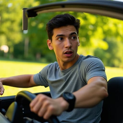 20대 초반의 중동계 남성이 운동복을 입고, 놀란 표정을 지으며 운전대에 손을 올리고 앞으로 몸을 기울이고 있는 모습이 푸른 나무와 잔디가 있는 공원 배경에서 따뜻한 햇빛과 함께 생동감 있게 표현됩니다.