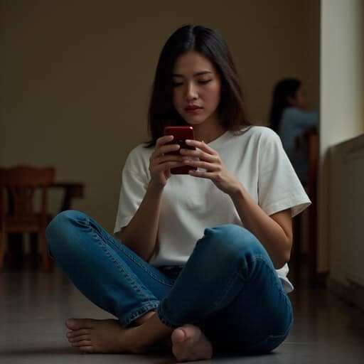 20대 후반의 한국인 여성이 편안한 티셔츠와 청바지를 입고 다리를 뻗고 앉아 스마트폰을 손에 들고 절망한 표정으로 바라보는 모습의 반신 촬영. 우울한 분위기의 커뮤니티 센터 내부가 배경으로 설정되어 있어 고립감의 감정을 더욱 강조하고 있다.