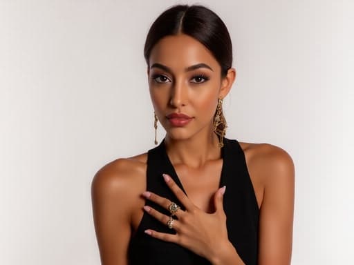 10대 후반의 중동계 세련된 여성이 현대적인 의상과 다양한 스타일의 액세서리를 자신감 있게 선보이며 가슴에 손을 대고 있는 반신 사진입니다. 깔끔한 스튜디오 배경과 부드러운 조명이 그녀의 우아한 외모를 강조합니다.