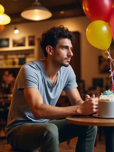 이 이미지는 30대 초반의 중동계 남성이 캐주얼한 옷과 운동화를 착용하고 있는 모습을 보여줍니다. 그는 긴장한 표정을 지으며 주변을 살피고 있으며, 운동을 하려는 자세로 몸을 약간 앞으로 기울이고 있습니다. 배경은 생일 케이크와 풍선이 놓인 아늑한 카페로, 장면에 축제의 느낌을 더하고 있습니다.