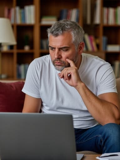 대학 캠퍼스 거실의 소파에 앉아 있는 50대 초반 라틴계 남성의 반신 사진. 편안한 티셔츠와 청바지를 입고 있으며, 걱정스러운 표정을 지으며 손으로 턱을 괴고 노트북을 바라보고 있다. 주변에는 흩어져 있는 책들과 학습 자료들이 있다.