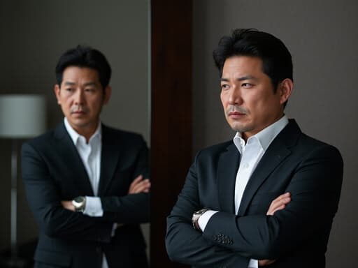 50대 초반의 한국인 남성이 모던한 정장을 입고, 거울 앞에 서서 팔짱을 낀 채 자신의 모습을 바라보며 분노한 표정을 짓고 있는 반신 사진입니다.