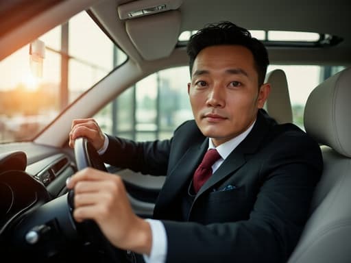 30대 후반의 동양인 남성이 세련된 정장과 넥타이를 착용하고 스티어링 휠에 손을 올린 채 운전하는 자세로 자연스러운 모습의 반신 사진입니다. 현대적인 사무실 환경이 배경으로, 창문을 통해 들어오는 자연광이 장면의 우아함을 더욱 돋보이게 하며, 그의 우아한 표정이 전문적인 분위기에 따뜻함을 더합니다.