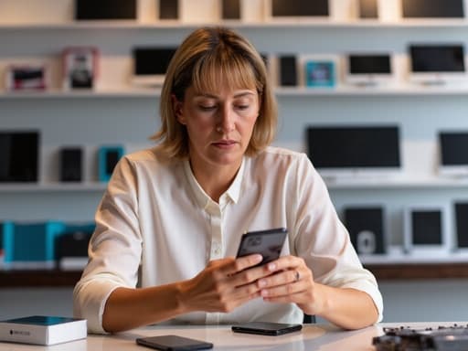 전자매장 내부의 테이블에 앉아 스마트폰을 두 손으로 들고 당황한 표정을 짓고 있는 40대 중반의 유럽계 여성의 반신 사진. 캐주얼한 블라우스와 청바지를 입고 있으며, 전자기기로 가득한 선반이 배경을 이루어 따뜻하고 매력적인 분위기를 만들어냅니다.
