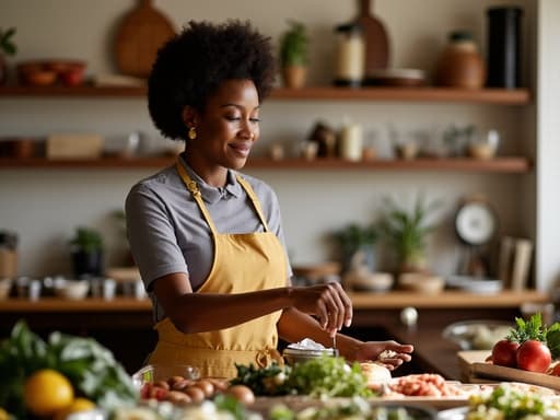 아늑한 현대식 식당에서 요리를 하며 미소 짓고 있는 30대 후반의 따뜻한 흑인 여성의 반신 사진. 그녀는 편안한 주방용 의상과 앞치마를 착용하고, 재료를 들고 레시피를 바라보며 요리에 집중하고 있으며, 다양한 요리 도구와 재료가 있는 아늑한 분위기를 만들어내고 있습니다.